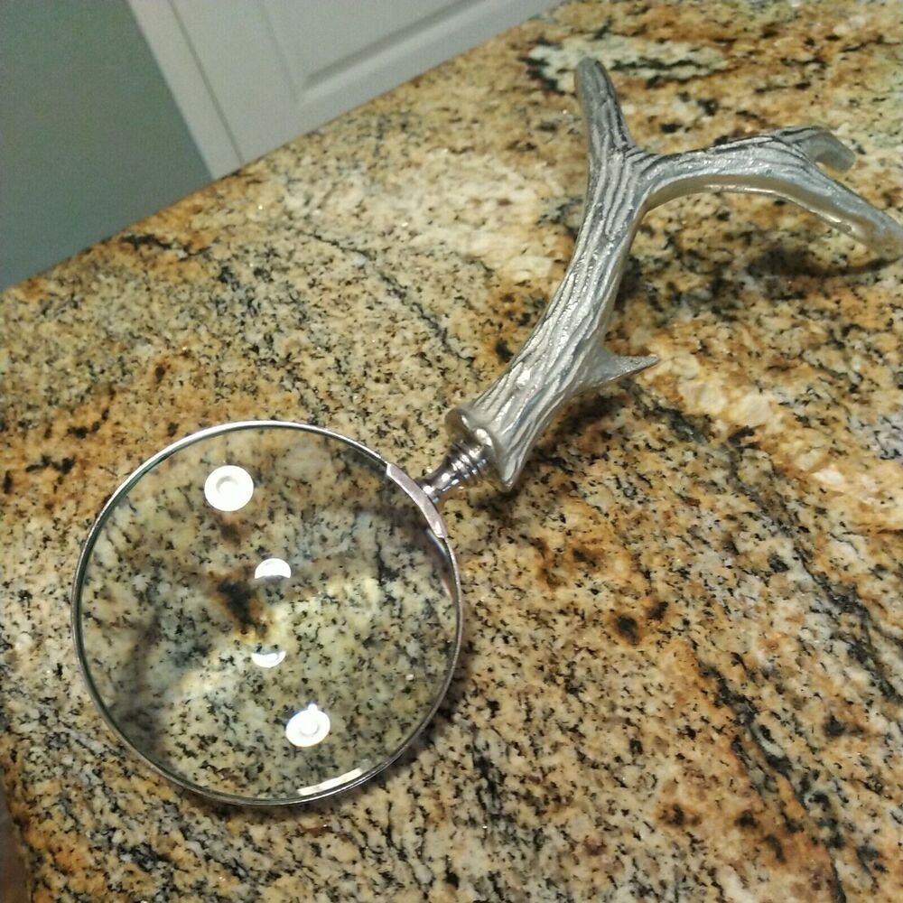 Textured Pewter Deer Antlers Magnifying Glass Decorative Desk Top